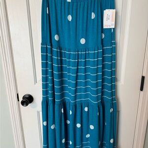 LuLaRoe Poppy Teal Maxi Skirt with Stripes and Dots